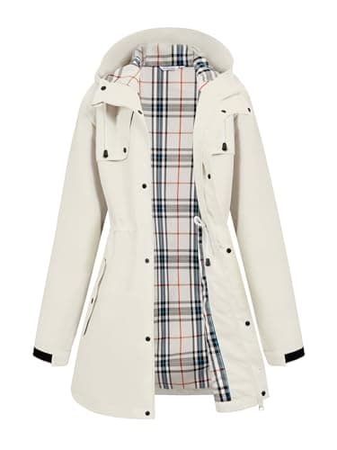 PITINAN Plus Size Rain Jacket Women Waterproof Travel Jackets 2026 Plaid Lined Rain Jacket Trench Coat Women Long Raincoat with Hood For Commuting Hiking OFF White XXL - Image 1