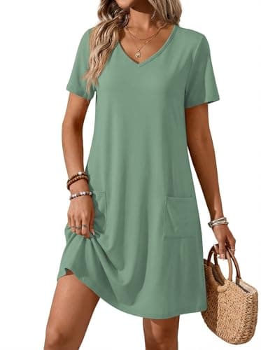 ATHMILE Summer Dresses for Women 2026 Loose V Neck Short Sleeve Casual T Shirt Dress Sundresses with Pockets Swimsuit Cover Up Beach Vacation Spring Outfits Green - Image 1