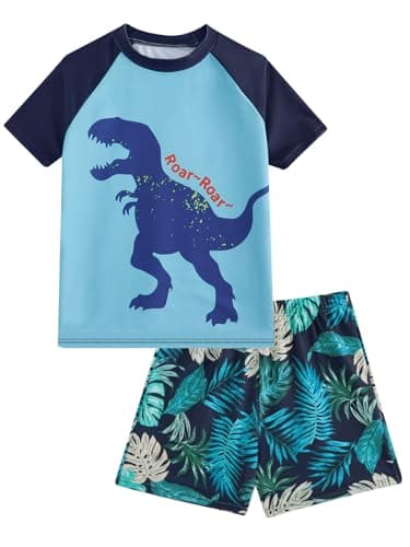 JiAmy Boys Two Piece Rash Guard Swim Set Short Sleeve Dinosaur Bathing Suit Quick Dry Swimwear for Kids Light Blue 7-8Y - Image 1