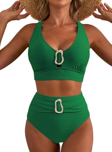 Herseas Women 2 Piece Bikini Sets Crisscross Back High Rise Flattering Swimsuit V Neck Metal Ring Ruched 2026 Summer Bathing Suits Sexy Holiday Outfits Green Large - Image 1