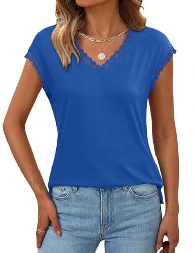 JUSTFASHIONNOW Cap Sleeve Tops V Neck Tshirts Shirts for Women Business Dressy Casual Blouses Plus Size Spring Clothes(Royal Blue,XX-Large) - Image 1