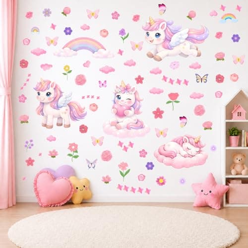 Unicorn Wall Decals, Rainbow/Stars/Cloud and Flower Butterfly Stickers Wall Decor for Girls Toddlers, 192 Piece UV PVC DIY Unicorn Wall Decals for Girls Bedroom Nursery - Image 1