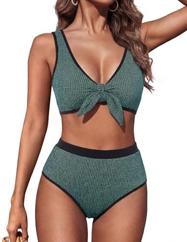 Hanna Nikole Womens High Waisted Bikini Sets 2 Piece Swimsuit Tummy Control Bathing Suits Full Coverage Textured Tie Knot Swimwear S Green Black - Image 1