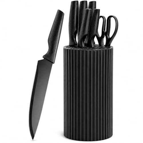 Small Knife Block Set, Modern Kitchen Knife Scissors with Universal Round Holder, Home Apartment New Kitchen Essentials, Space Saving, Dishwasher Safe(Black, 7PCS) - Image 1