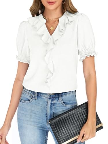 Funlingo Womens Dressy Casual Blouse Short Smocked Puff Sleeve V Neck Ruffle Tops Business Summer Trendy Work Shirts Fashion Spring Outfits L White - Image 1