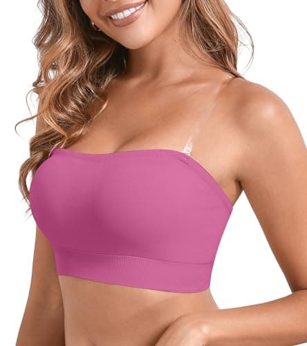 DEANGELMON Women's Padded Bandeau Sports Strapless Bra Wireless Yoga Workout Tube Top Bralette Rose Red Medium - Image 1