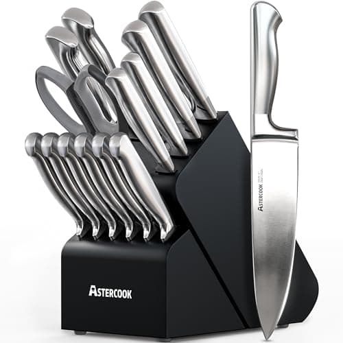 Astercook Knife Set, 15 Piece German Steel Kitchen Knife Set with Built-in Sharpener, One-Piece Knife Block Set Rust-Resistant Dishwasher Safe Block Knives Set for Cooking & Gift (Midnight Black) - Image 1