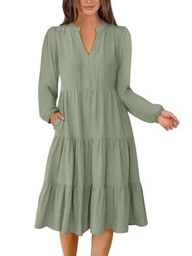 ANRABESS Womens Fall Midi Dresses Long Sleeve V Neck Swing Tiered Work Business Casual 2026 Flowy Beach Vacation Dress Light Green X-Large