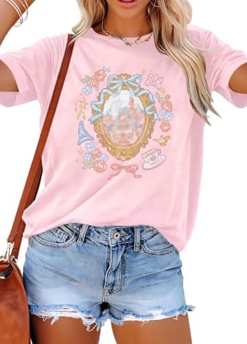 Magic Kingdom Castle Shirt for Women Princess T Shirts Oversized Tee Coquette Bow Castle Graphic Top Light Pink - Image 1
