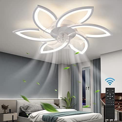 ZHMDJDSH 30" Geometric Ceiling Fan with Light Remote Control, 6 Speeds 3 Colors, White Low Profile Flush Mount Ceiling Fan for Kitchen Bedroom Living Room - Image 1