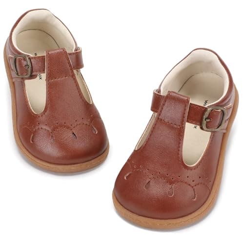 WIDE TOE BOX Girls Mary Jane Shoes Toddler School Uniform Flats Non Slip Little Girls Flat Dress Princess Shoe for Wedding School Party,Brown Infant 4 - Image 1