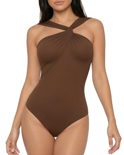 MANGOPOP Women's Sleeveless Twist Knot Asymmetrical Bodysuit Double Lined Sexy Thong Body Suit Top 2026, Coffee, X-Large - Image 1