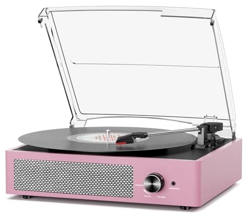 Record Player with Speakers Belt-Driven Vintage Turntables 3 Speed 3 Size Wireless Bluetooth Playback AUX-in RCA Out Headphone LP Vinyl Players Auto Stop Purple Pink - Image 1