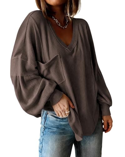 BTFBM Womens Fall Fashion 2026 Long Sleeve Shirts Casual V Neck Ribbed Knit Blouses Pullover Trendy Loose Fit Tunic Tops(Solid Brown, Medium) - Image 1