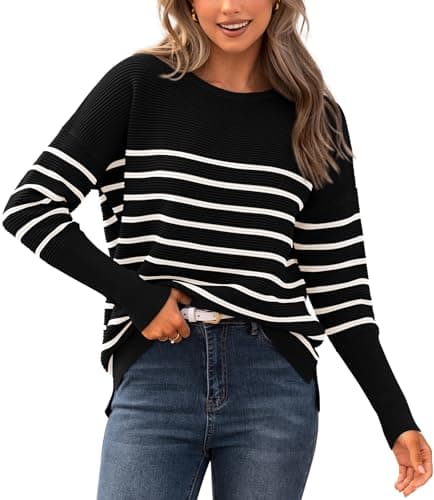 BTFBM Casual Women 2026 Fall Sweater Long Sleeve Ribbed Knit Pullover Loose Crewneck Batwing Split Sweater(Striped Black White,Small) - Image 1