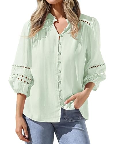 BTFBM Summer Tops for Women 2026 Eyelet Top 3/4 Length Sleeve Dressy Casual Blouses Spring Boho Button Down Shirts(Bean Green, Small) - Image 1