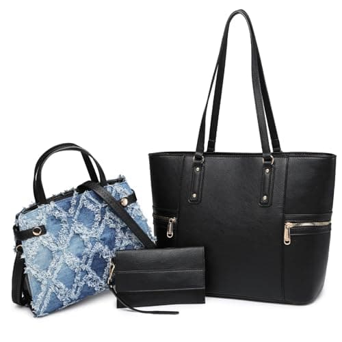 VANSARTO Purses and Handbags for Women Tote Bag Shoulder Bag Top Handle Satchel Purse Set with Wallet Large Work Tote Fashion Handbags 3pcs, Black/Denim - Image 1