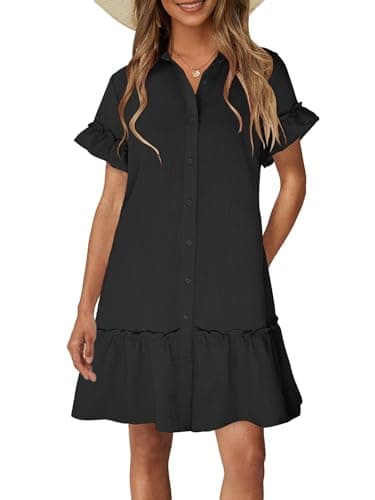 CCTOO Women's Summer Dresses Casual V Neck Button Down 3/4 Sleeve Floral Print Loose Flowy Shirt Dress 06 Black L - Image 1