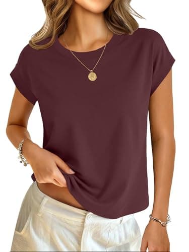 GKBK Cotton Cap Sleeve Womens Tops Crop High Neck Short Sleeve Summer Cute Casual Shirts Boxy Spring Clothing Outfits Reddish Brown - Image 1