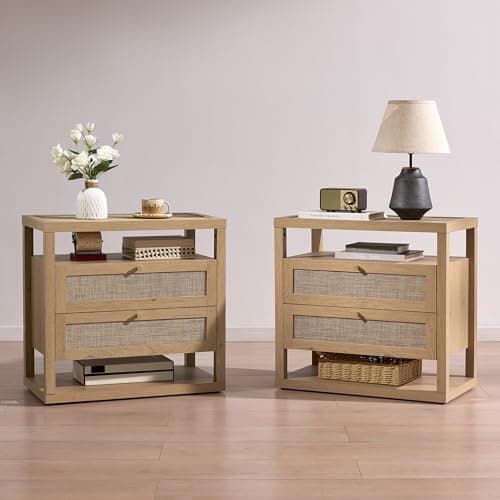 Rattan Nightstand Set of 2, Large Boho Bedside Table with 2 Drawers and Open Shelf, Light Oak Wooden End Table for Bedroom, Modern Farmhouse Accent Side Table - Image 1