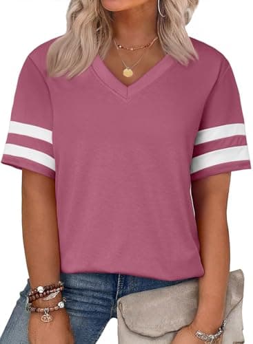 Eytino Womens Plus Size Tops V Neck Short Sleeve Striped Casual Summer Loose Blouse Shirts,2X Pink - Image 1