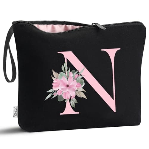 Vavabox A-Z Personalized Makeup Bag, Birthday Gifts for Women Mom, Gifts for Best Friend, Bride Bridesmaid Cosmetic bag (N, Black)