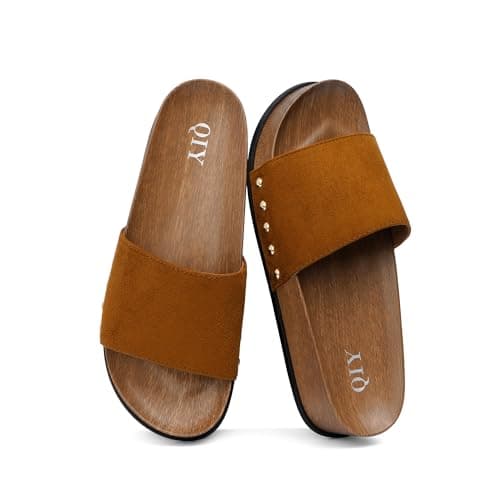 QIY Brown Platform Sandals for Women Slip-on Studded Slides Brown Ladies Suede Arch Support Summer Casual Wedge Sandal Beach Vacation Cushion Footbed Open Toe Retro Comfortable Shoes Size 6 - Image 1