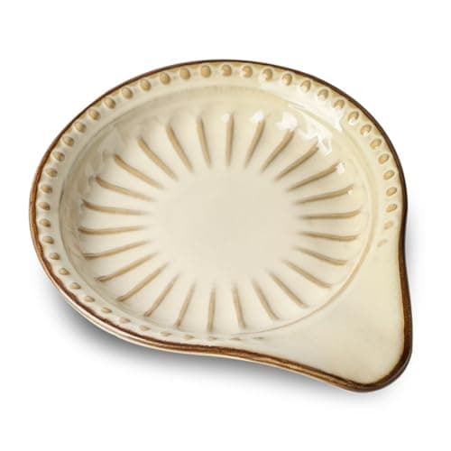 JINGUS Spoon Rest for Stove Top, Ceramic Spoon Holder for Kitchen Counter, 5.1 Inch Heat-Resistant Cooking Utensil Rest for Coffee Spoon Dish & Spatula Tray, Dishwasher Safe, Beige - Image 1
