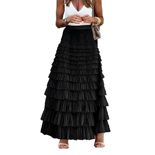 Mincib Womens Long Tulle Skirt A Line Ruffle Tiered Layered Skirts High Waisted Flowy Fairy Maxi Skirts(Black,XL) - Image 1