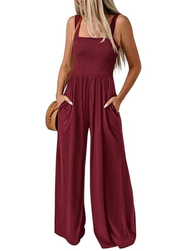 KIRUNDO Womens Jumpsuit 2026 Summer Casual Loose One Piece Overalls Smocked Sleeveless Wide Leg Rompers With Pockets(Deep Red, Small) - Image 1