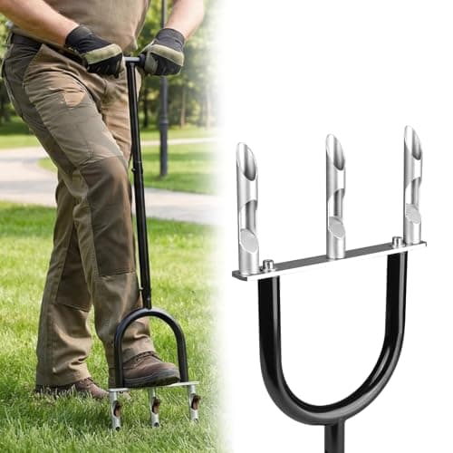 Manual Lawn Aerator Tool, 3 Hollow Tines Plug Lawn Core Aerator, Heavy Duty Hand Soil Aerator Tool with Adjustable Handle, Grass Aeration Garden Tools for Lawn Care, Compacted Soil, Yard - Image 1