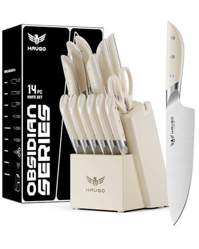 Haugo Kitchen Knife Set with Block: 14-Piece German Stainless Steel Full Tang Professional Knife - Comfortable Grip Reduces Hand Fatigue 30% - Dishwasher Safe & Sharpener - White Knife Set for Cooking - Image 1