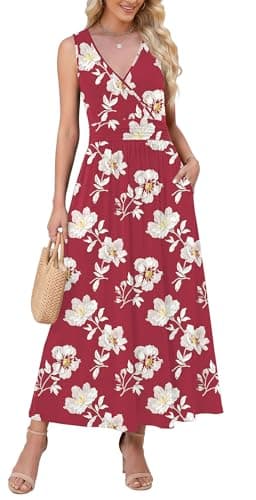 WEACZZY Women's Maxi Dress Sleeveless V Neck Sundress Cocktail Long Dresses with Pockets,Red White Flower,Small - Image 1