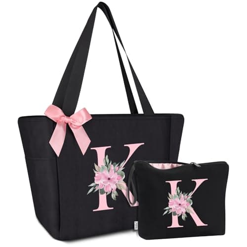 Vavabox Tote Bag, A-Z Initial Monogrammed Waterproof Tote Bag, Bridesmaid Gifts for Women, Black and Pink (K, Black Set) - Image 1