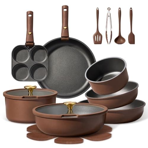 CAROTE 21pcs Pots and Pans Set, Nonstick Cookware Set Detachable Handle, Induction Kitchen Cookware Sets Non Stick with Removable Handle, RV Cookware Set, Oven Safe, Brown - Image 1