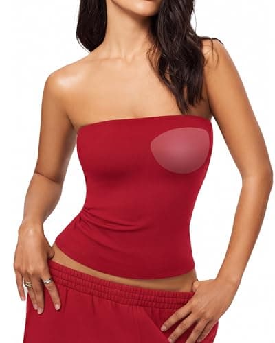 SuperArugoo Women's Strapless Tube Top with Built in Bra, Removable Pads, Non Slip Bandeau Crop Top for Summer Red - Image 1
