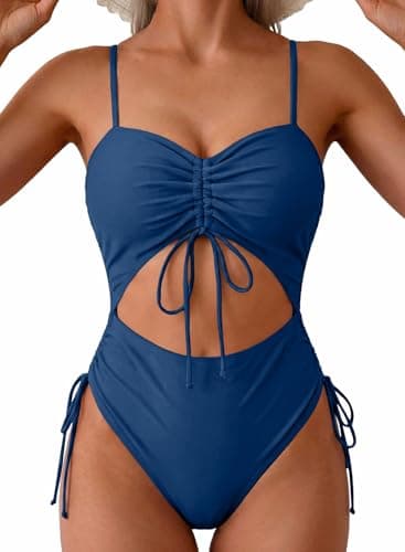 Viottiset Women's Cut Out Drawstring One Piece Swimsuit Cheeky High Cut Bathing Suit Navy Blue M - Image 1