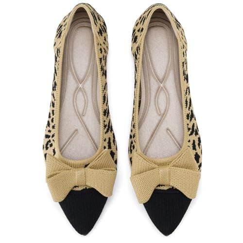 AHZEHRSE Flats Shoes Women Dressy Comfortable Work Shoes Leopard Print Flats Dress Shoes Breathable Mesh Flats Classic Pointed Toe Flats Knit Ballet Flats with Bow - Image 1