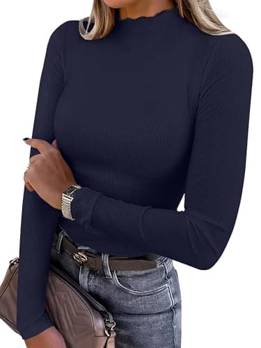 ANRABESS Women's Lettuce Trim Mock Neck Long Sleeve Tops 2026 Casual Dressy Ribbed Knit Slim Fit Tee Shirt Fall Layer Outfits Navy Blue Large - Image 1