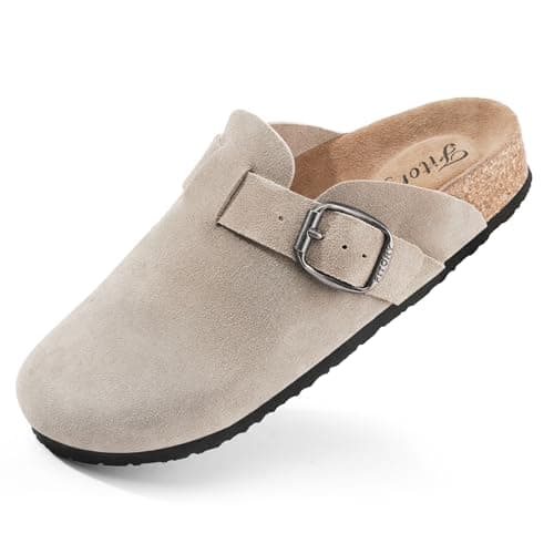 FITORY Womens Clogs Slip-on Potato Shoes Leather Mules with Suede Cork Footbed Taupe Size 9 - Image 1
