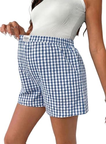 BLENCOT Womens Casual Checkered Shorts for Maternity Elastic Waist Comfy Loose Wide Leg Shorts Cotton Grid Pregnant Women Trousers P605 Blue M - Image 1