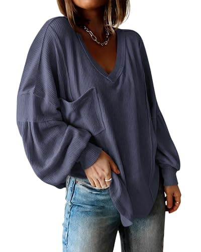 BTFBM Womens Fall Fashion 2026 Long Sleeve Shirts Casual V Neck Ribbed Knit Blouses Pullover Trendy Loose Fit Tunic Tops(Solid Dark Grey Blue, Large) - Image 1