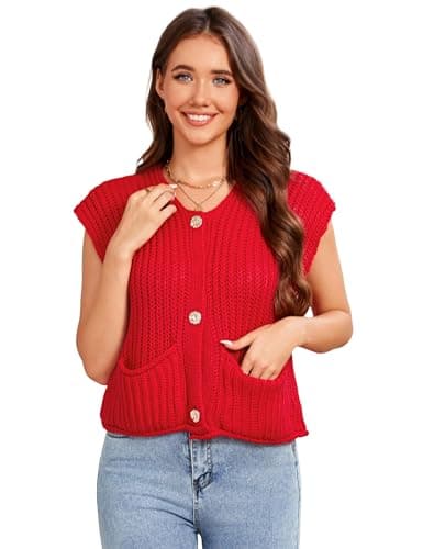 YesFashion Sleeveless Cardigans for Women, Knitted Cropped Sweater Button Up Vest Top for Summer Red - Image 1