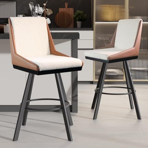 Ollega Bar Stools Set of 2, 26" Counter Height Bar Stools, Upholstered Swivel Barstools with Backs, Loop Yarn Fabric&Pu Leather, Metal Legs for Kitchen Island, Beige&Brown - Image 1