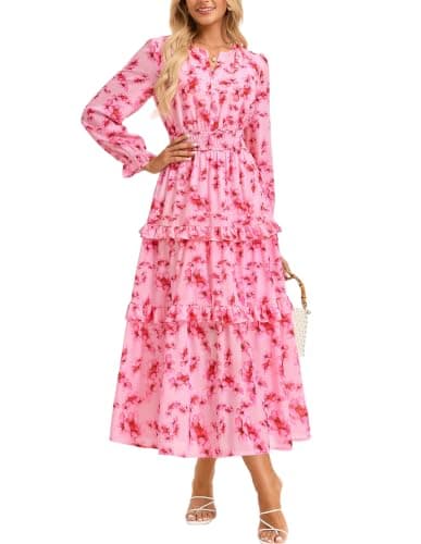 GRACE KARIN Women's Floral Long Sleeve Maxi Dress 2026 V Neck Fall Wedding Guest Outfits Boho Flowy Dresses with Pockets Pink Floral XL - Image 1