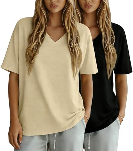 OPCAKM Oversized Workout Tops for Women 2 Pack V Neck Casual T Shirts Summer Short Sleeve Loose Basic Tees(ApricotBlack-M) - Image 1