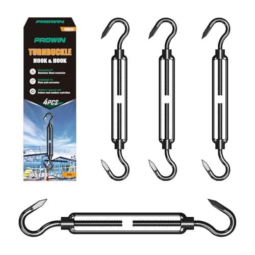 PROWIN 4PCS M6 Premium Stainless Steel Hook & Hook Turnbuckle, Black Turnbuckle for Wire Rope Tension, Shade Sail Hardware, Sun Shade Tent Installation