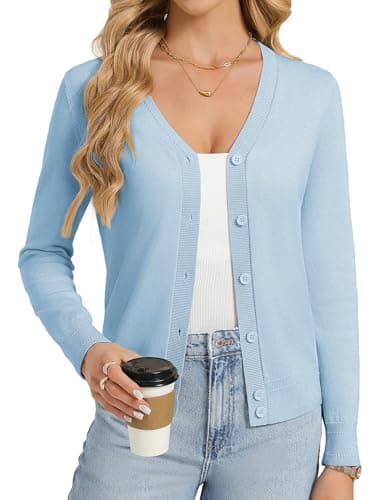 GRACE KARIN Womens Blue Cardigan Sweaters Lightweight Button Up V-Neck Spring Cardigans Trendy Summer Knit Shrug S - Image 1