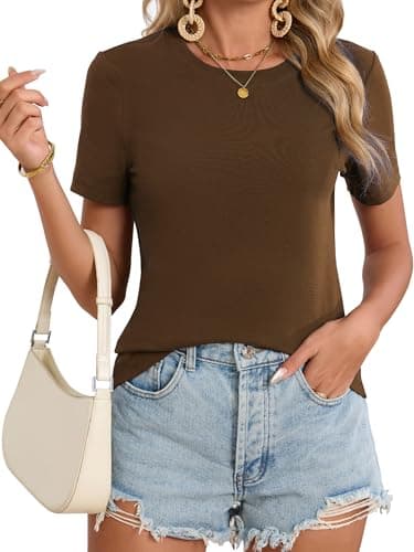 Abardsion Cotton Basic Tees for Women Spring Outfits Tops 2026 Short Sleeve Crewneck Slim Fit T Shirts (Brown, XL) - Image 1