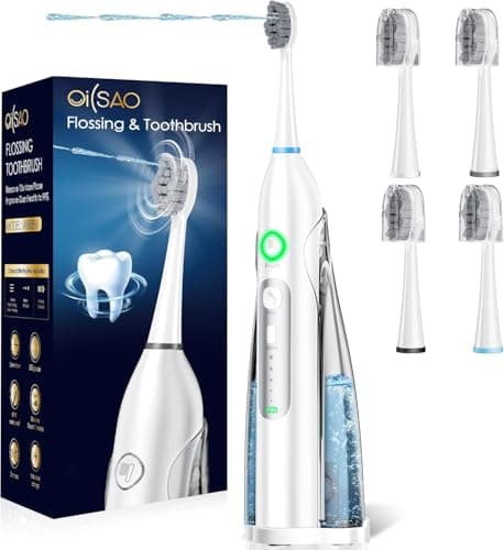 OILSAO Electric Toothbrush with Water Flosser, All in One Sonic Flossing Toothbrush with 3 Modes & 5 Flossing Speeds & 4 Brush Heads, Rechargeable & Portable for Adult Teeth Cleaning,White - Image 1